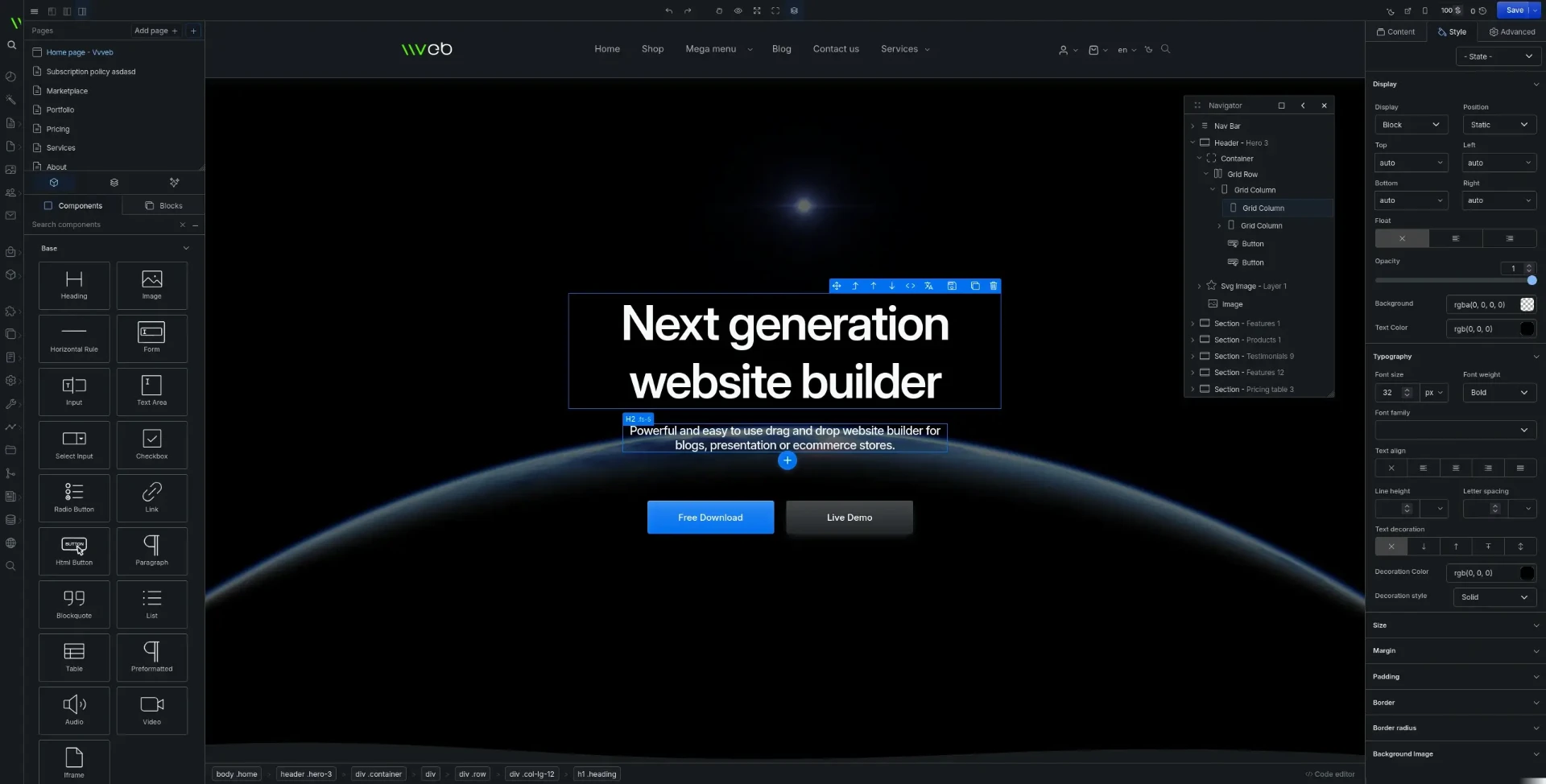 SGWebGo modern editor with AI assistant — drag-and-drop blocks on the left, website preview in the centre, and AI chat panel on the right