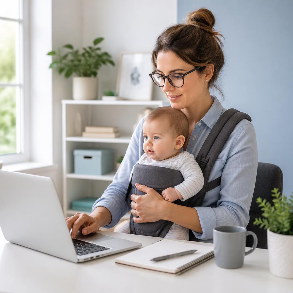 Single parent working from home while caring for baby