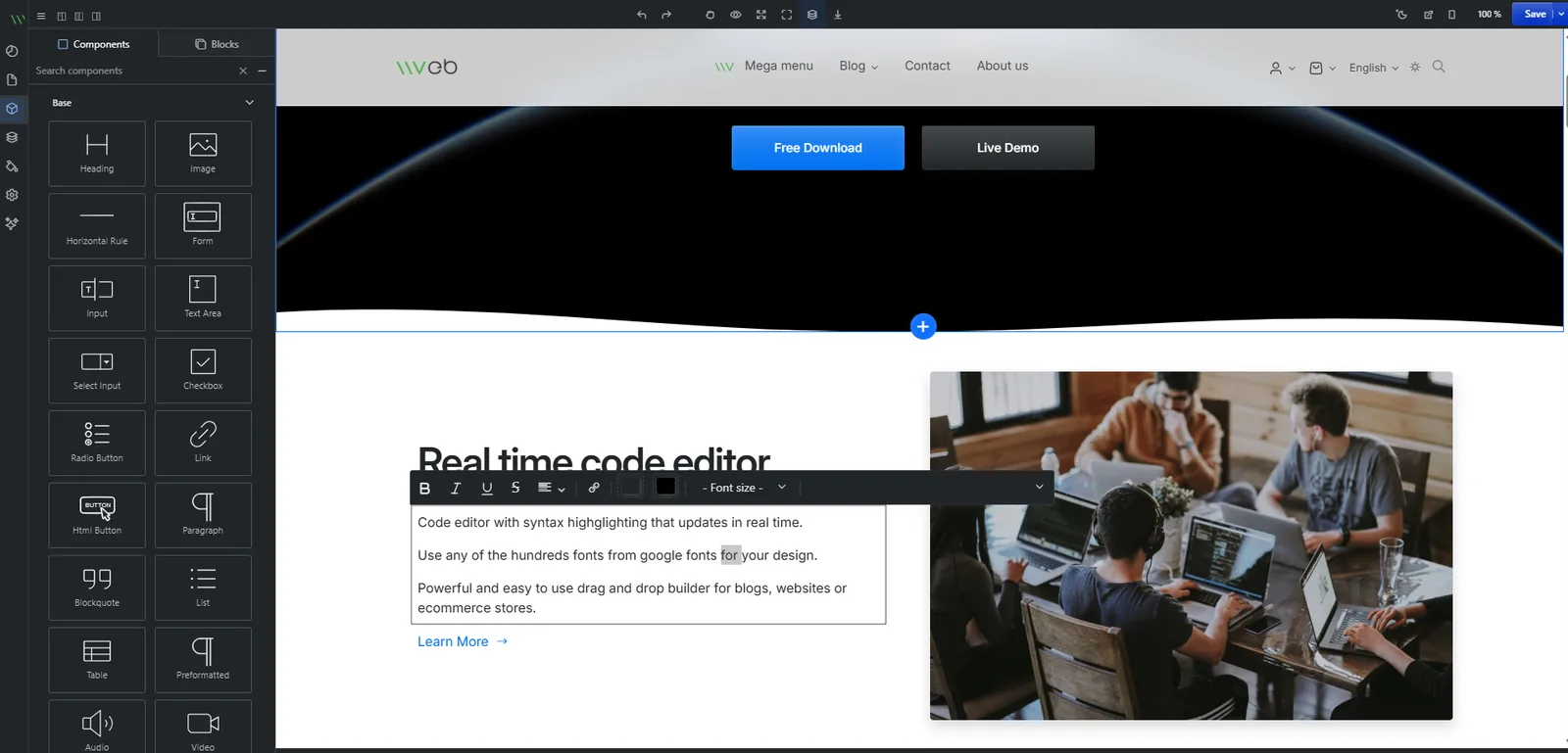 SGWebGo modern editor with AI assistant — drag-and-drop blocks on the left, website preview in the centre, and AI chat panel on the right